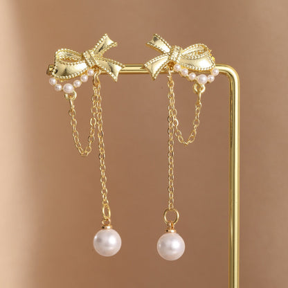 Bow Chain Pearl Drop Earrings