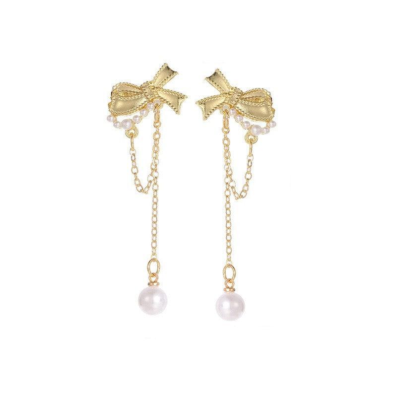 Bow Chain Pearl Drop Earrings