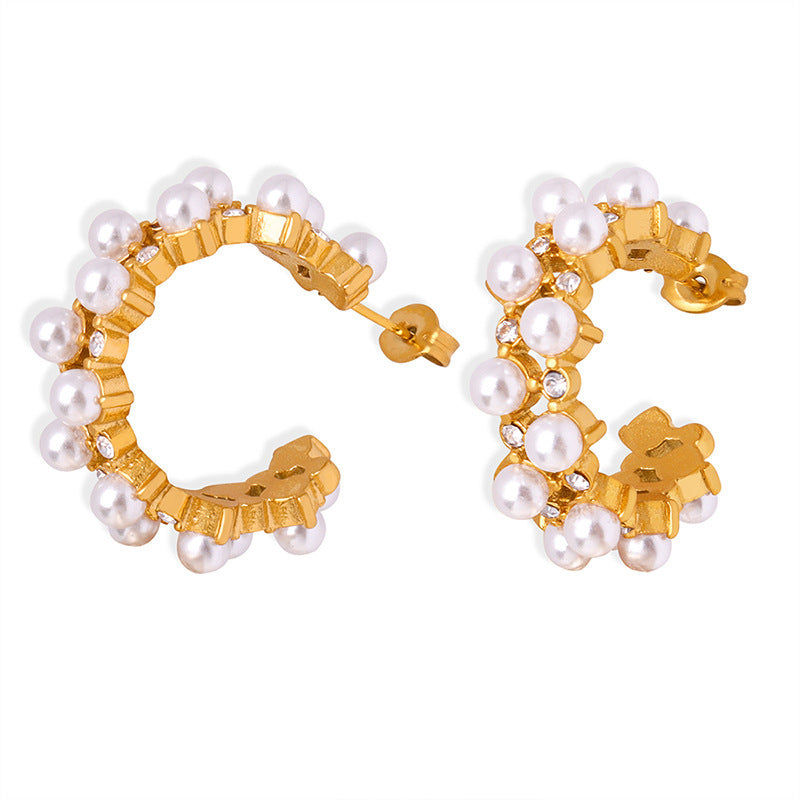 C-Shaped Geometric Zircon Pearl Earrings