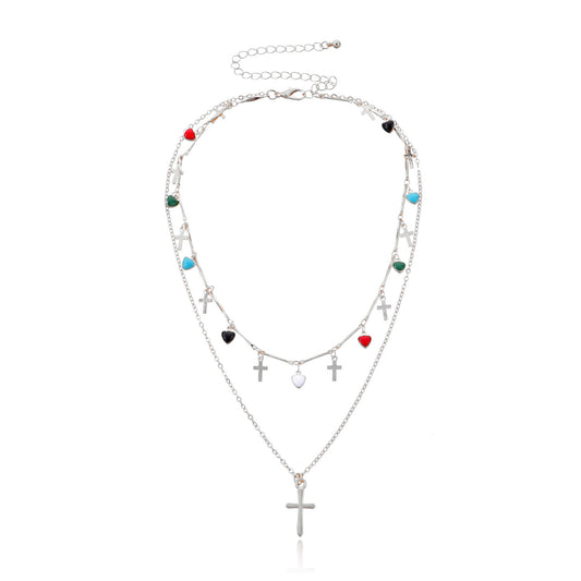 Colourful Cross Love Heart Tassel Necklace